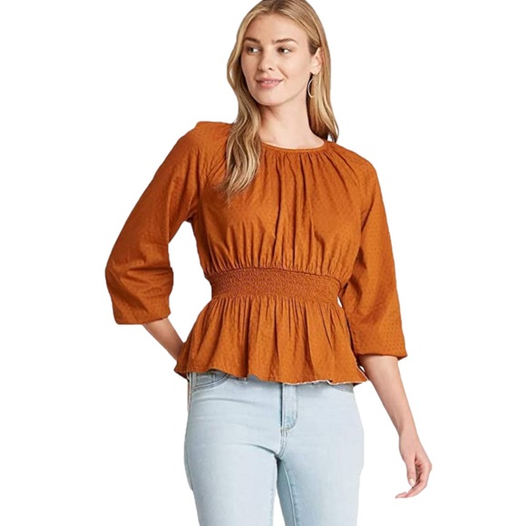NWT Universal Thread Rust Peplum Linen Bishop 3/4 Sleeve Blouse Top - Picture 13 of 15